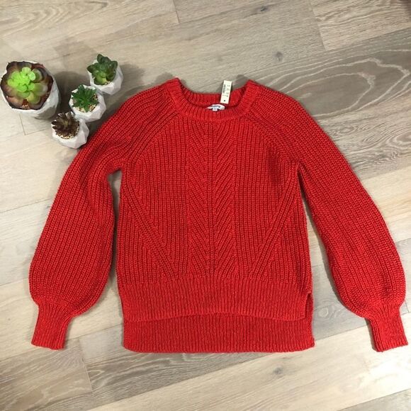 Madewell Pullover Sweater Womens Balloon Sleeve Red Fall Knit Cotton XXS - Picture 2 of 8